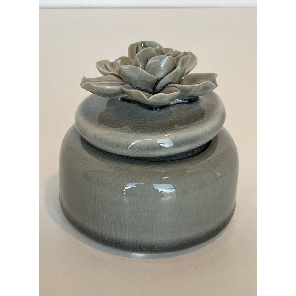 Smoky Gray Porcelain Flower Trinket Box 3x2.5" Rose Elegant Decorative